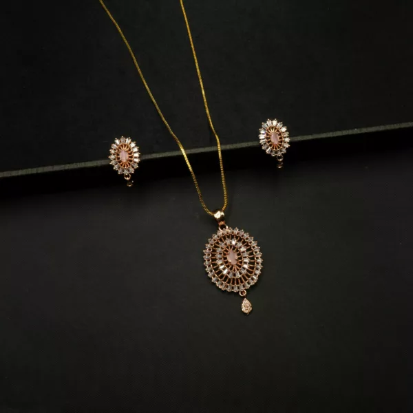PS-2212017 - Rose Gold Plated Pink Stones & American Diamond Pendant Set