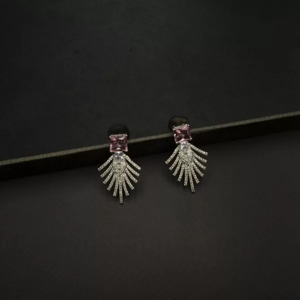ER-2212046 - White Gold Plated American Diamond & Pink Stones Drop Earrings