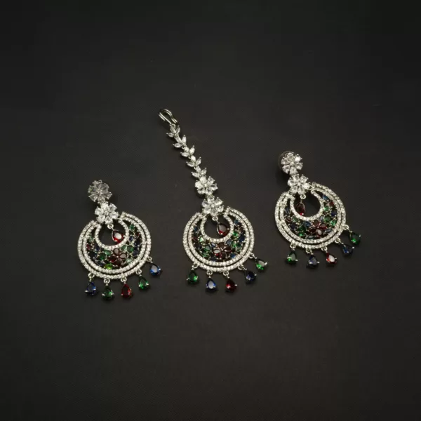 ER-2212053 - American Diamond Multicolor Statement Earrings With Maang Tika