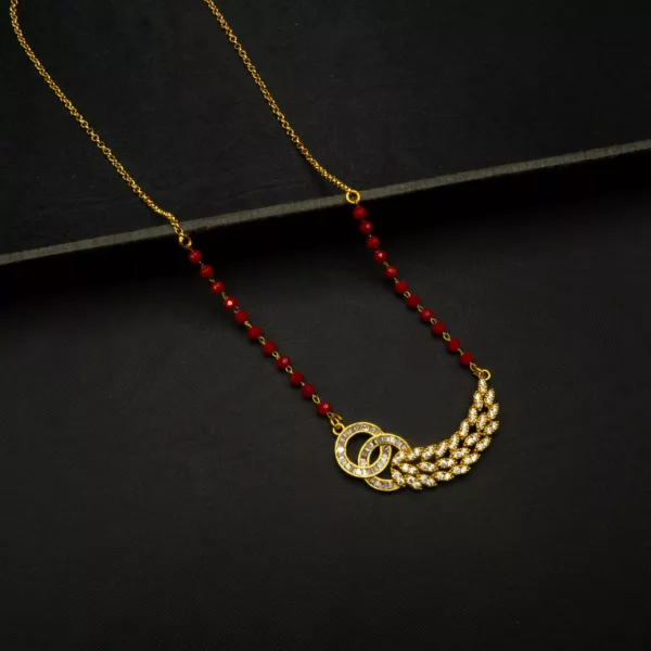 MA-2301003 - American Diamond Gold Plated Traditional Red Beads Mangalsutra