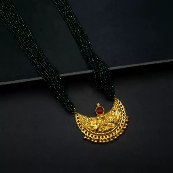 MA-2301005 - Gold Plated Traditional 34 Inches Green Hydropotey Long Mangalsutra