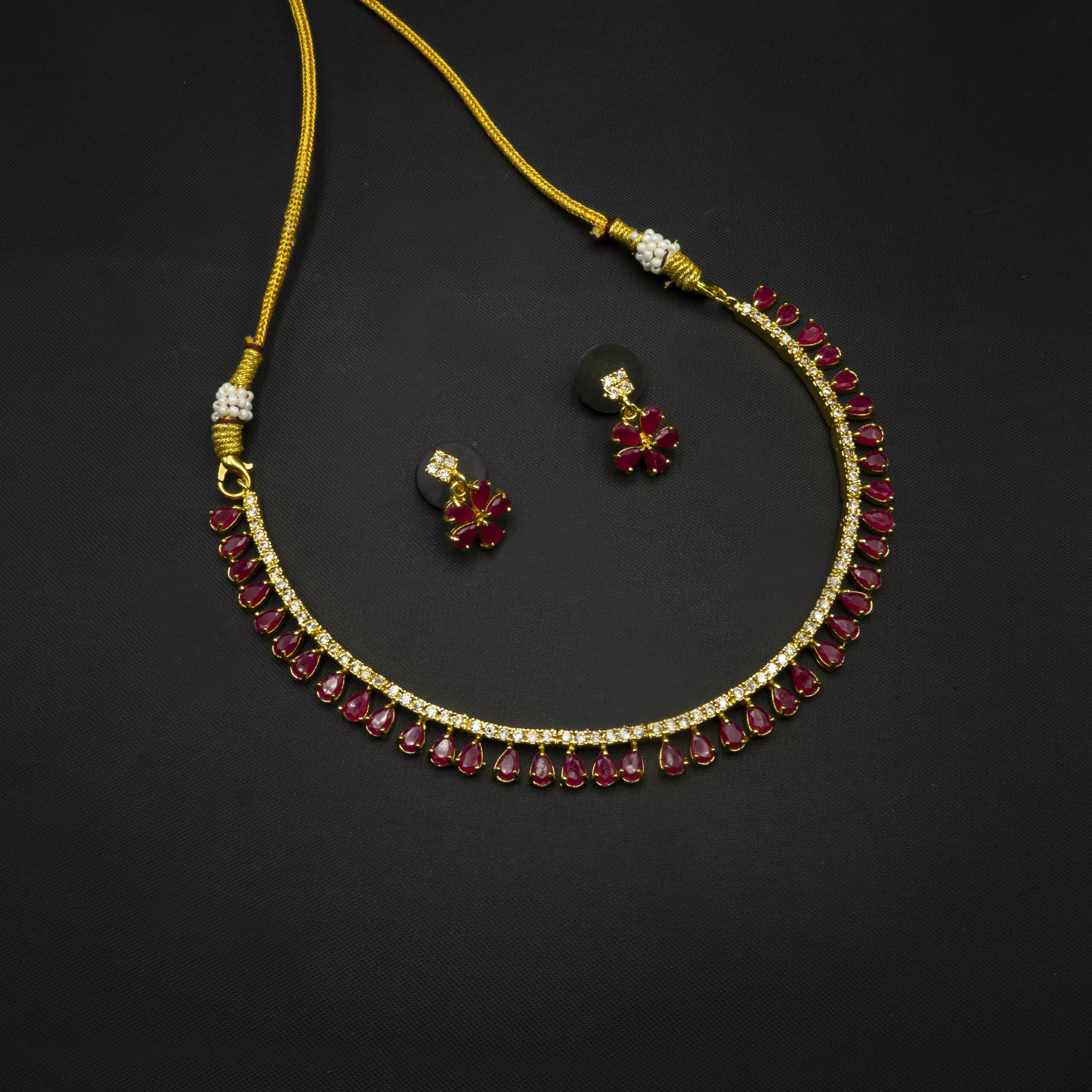 NS-2212026 - American Diamond Radiant Ruby Red Necklace Set NS-2212026 - American Diamond Radiant Ruby Red Necklace Set