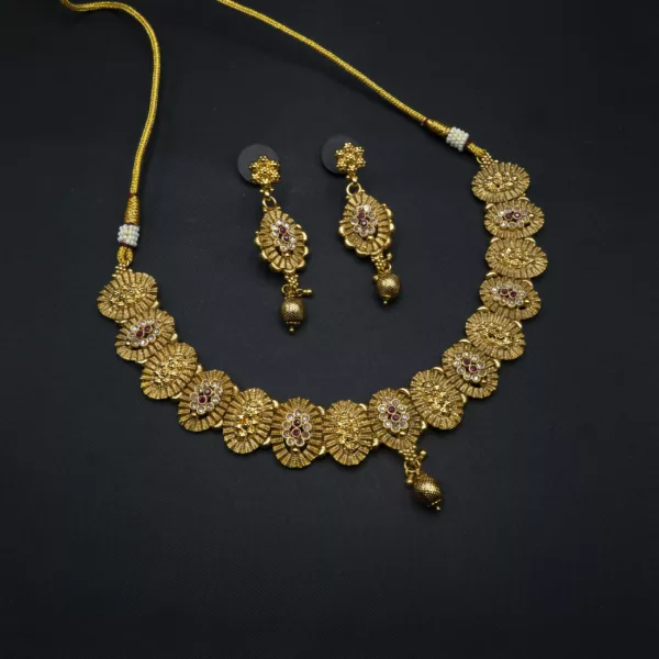 NS-2212031 - Antique Gold Finish Ruby Studded Temple Necklace Set