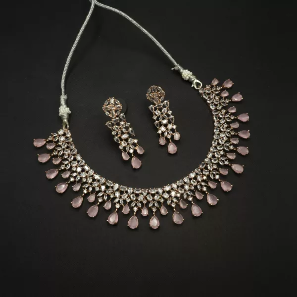 NS-2212033 - American Diamond Regal Pink Stones Statement Necklace Set