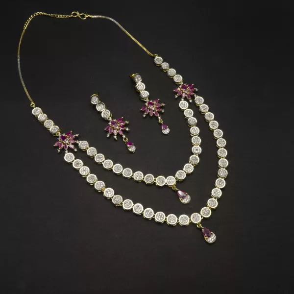NS-2302034 - Delightful Double Layered Ruby Studded American Diamond Necklace Set