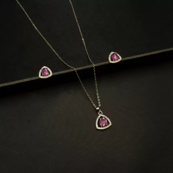 PS-2303011 - White Gold Plated American Diamond & Ruby Triangle Pendant Set