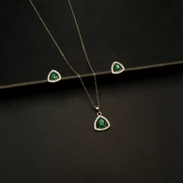 PS-2303012 - White Gold Plated American Diamond & Emerald Triangle Pendant Set