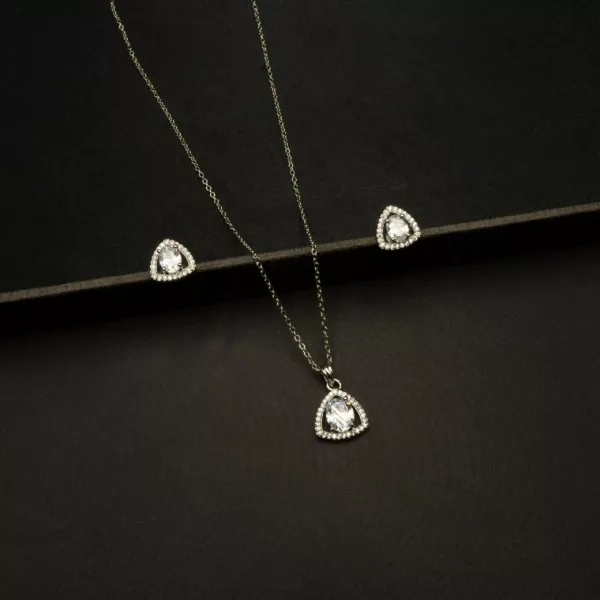 PS-2303013 - White Gold Plated American DiamondTriangle Pendant Set