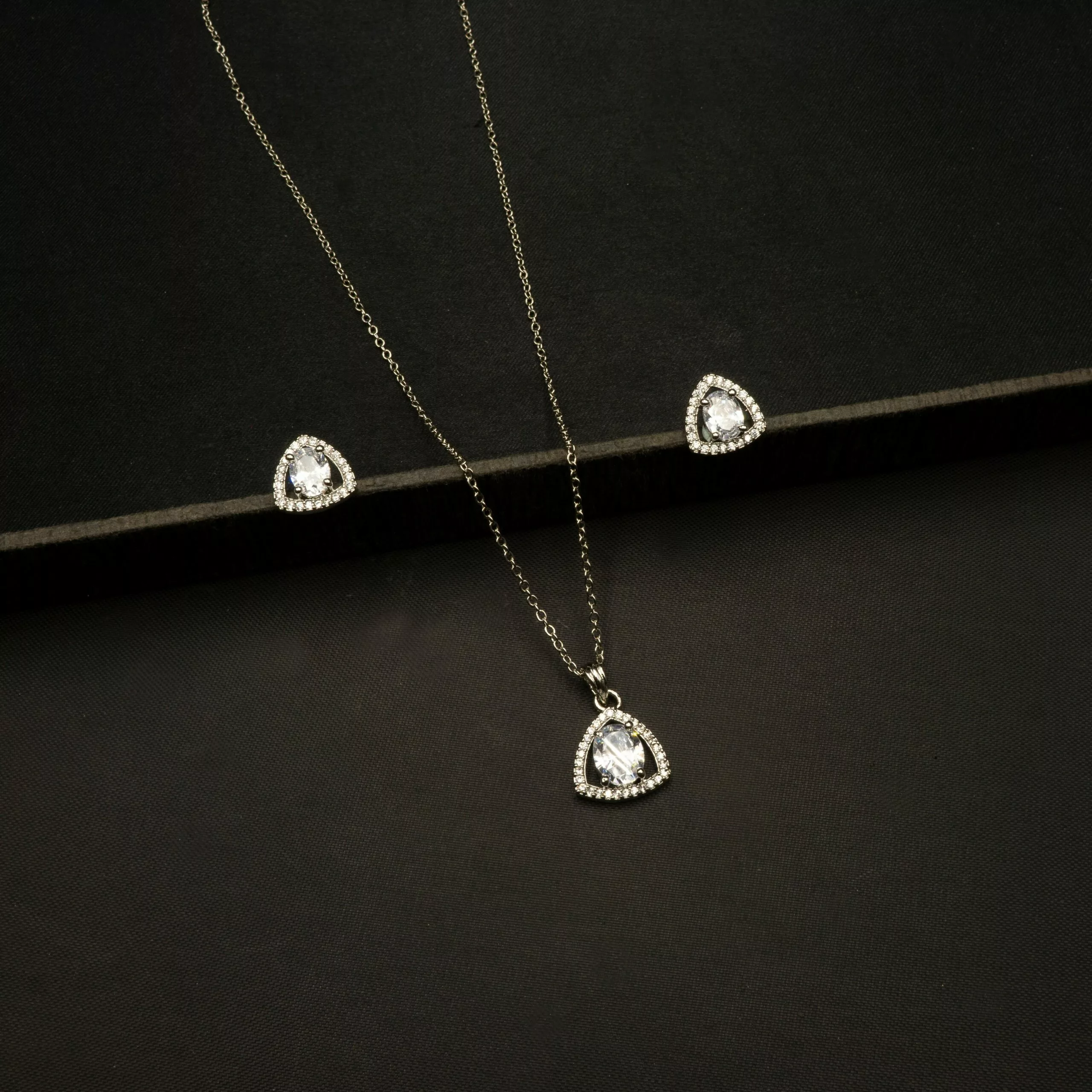 PS-2303013 - White Gold Plated American DiamondTriangle Pendant Set
