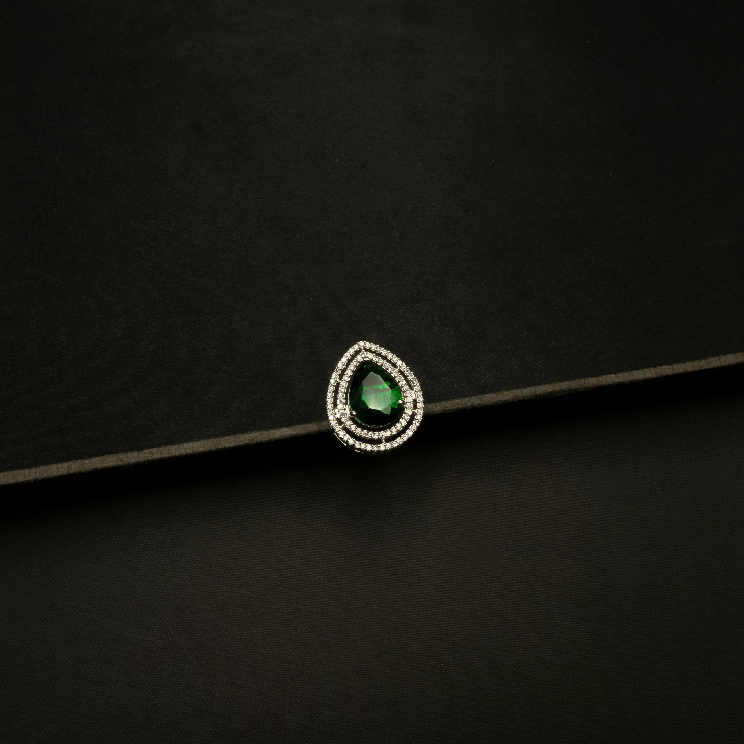 RI-2303001 - American Diamond & Green Stone Adjustable Statement Ring