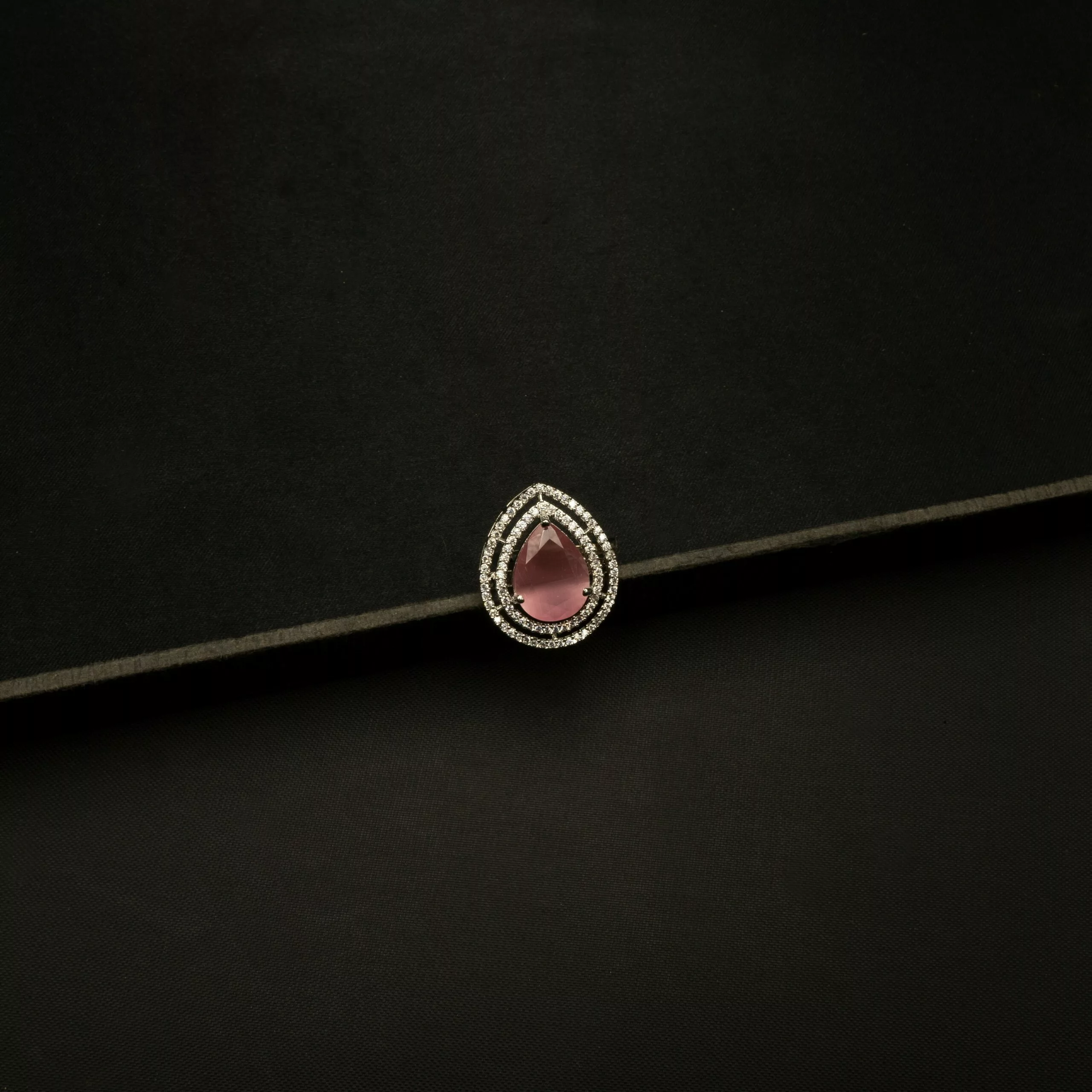 RI-2303001 - American Diamond & Pink Stone Adjustable Statement Ring