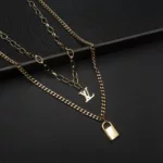 CH-2304002 - Bronze Tinted Gold Plated LV Lock Chunky Chain Layered Necklace