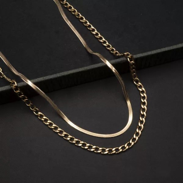 CH-2304003 - Bronze Tinted Gold Plated Herringbone & Chunky Chain Layered Necklace