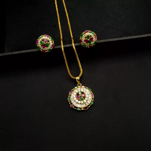 PS-1912031 - Gold Plated American Diamond Multicolor Ruby & Emerald Pendant Set