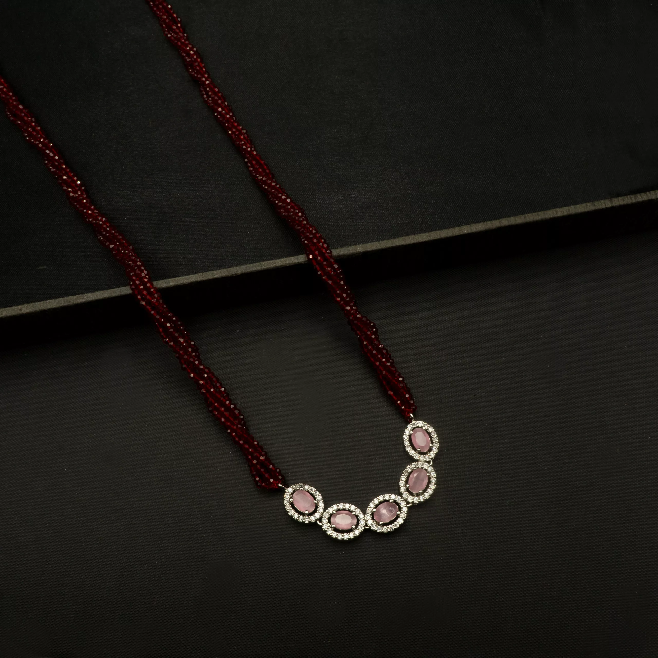 MA-2304021 - White Gold Plated American Diamond & Pink Stone Red Hydropotey Mangalsutra MA-2304021 - White Gold Plated American Diamond & Pink Stone Red Hydropotey Mangalsutra