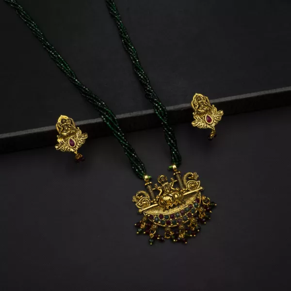 MA-2307001 - Long Green Hydropotey Oxidized Antique Gold Finish Laxmi Mangalsutra Set