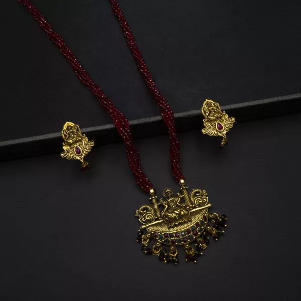 MA-2307001 - Long Red Hydropotey Oxidized Antique Gold Finish Laxmi Mangalsutra Set