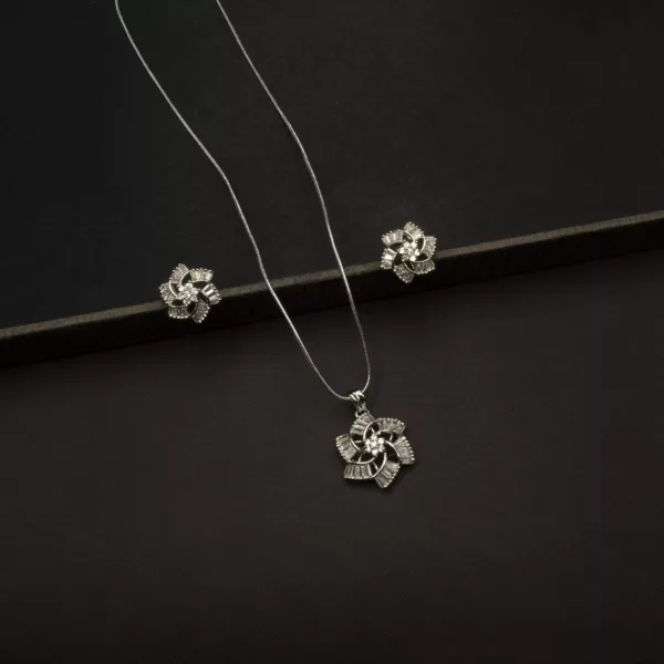 PS-2307009 - White Gold Plated American Diamond Contemporary Flower Pendant Set