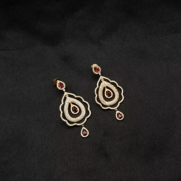 ER-2310003 - Captivating Ruby Teardrops Gold Plated American Diamond Dangling Earrings