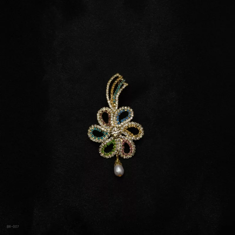 BR-007 - Spectrum Splendor Rainbow Crystal Array Brooch with Single Pearl Accent