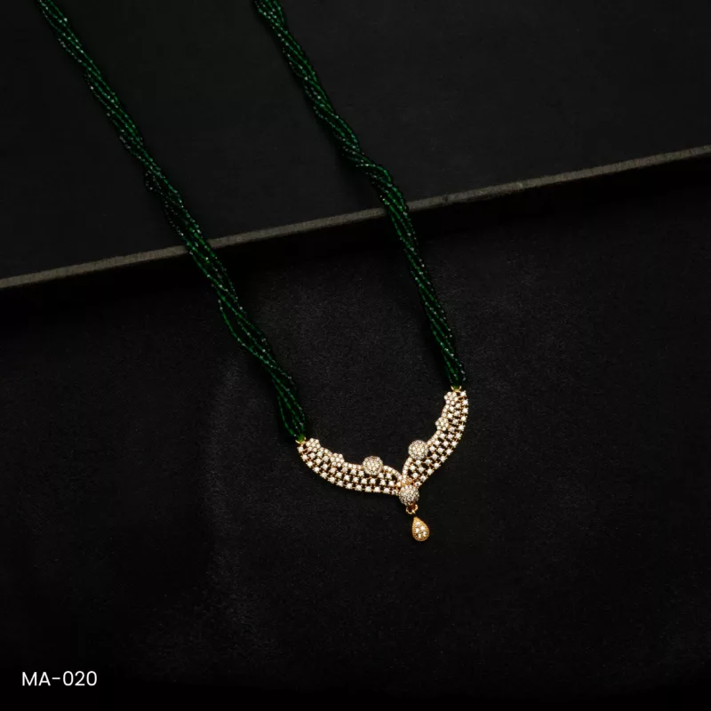 MA-020 - Gold Plated American Diamond Green Long Hydropotey Mangalsutra