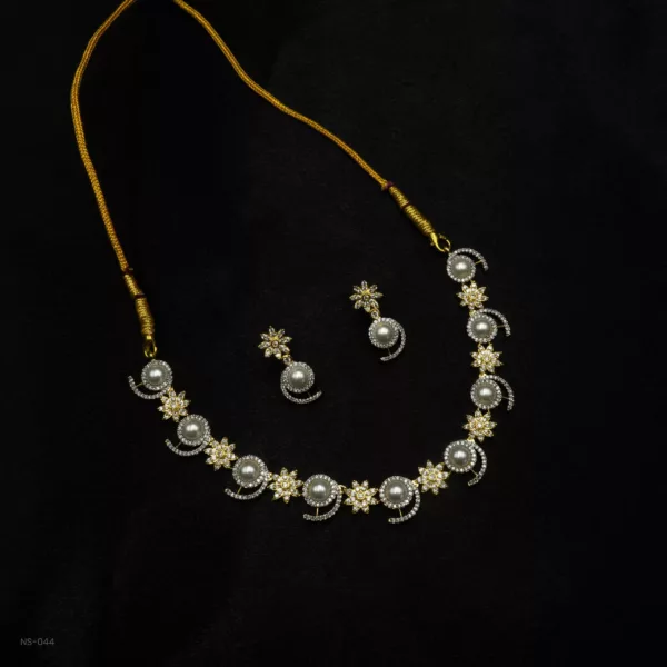 NS-044 - Luminous Luxe Elegant Pearl and Gold Plated Floral American Diamond Necklace Set