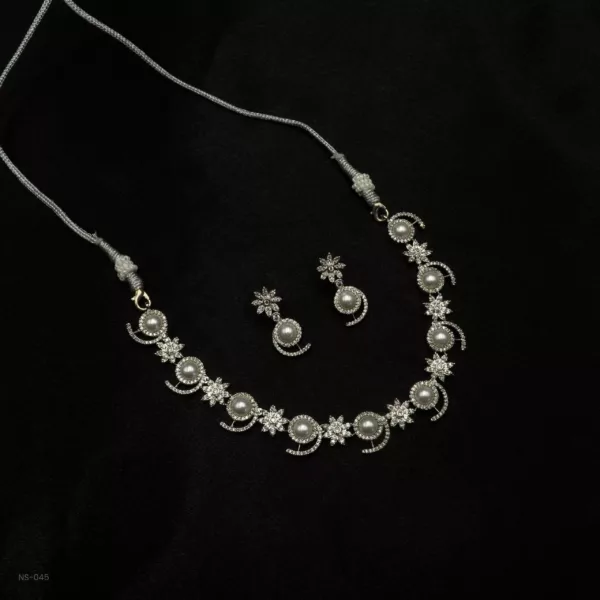 NS-045 - Luminous Luxe Elegant Pearl White Gold Plated Floral American Diamond Necklace Set