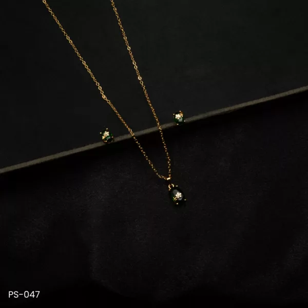 PS-047 - Effortless Glamour Gold Plated American Diamond & Emerald Flower Pendant Set