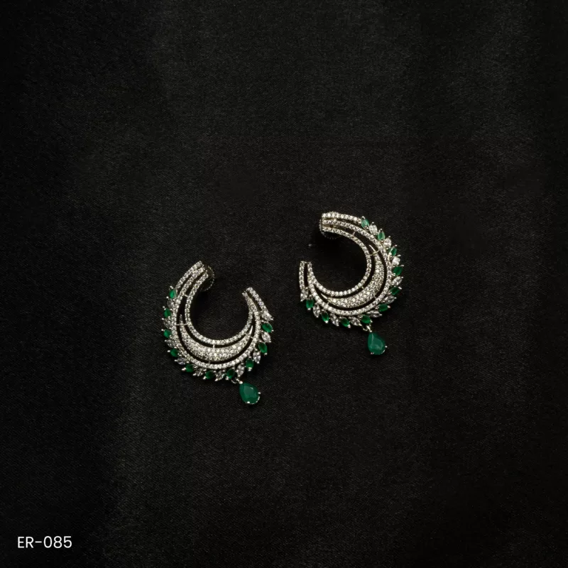 ER-085 - Radiant Glamour American Diamond & Emerald Dangling Teardrop Statement Earrings