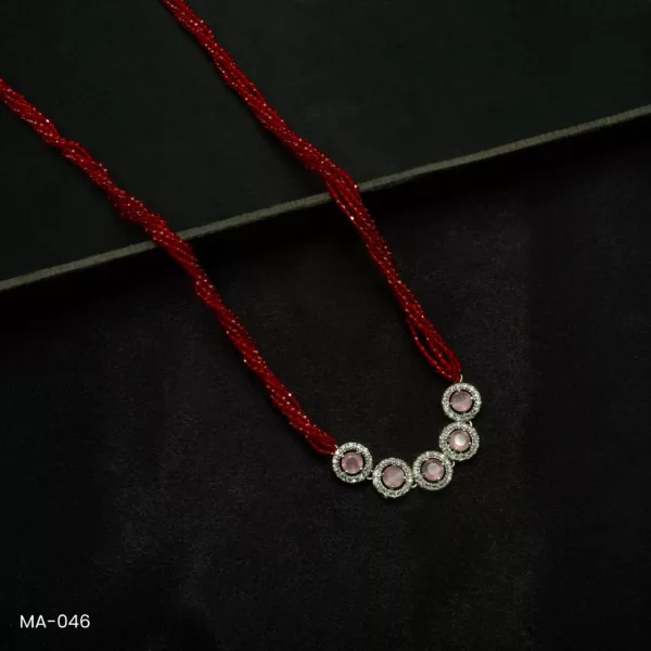 MA-046 - White Gold Plated American Diamond & Pink Stones Long Red Hydropotey Mangalsutra