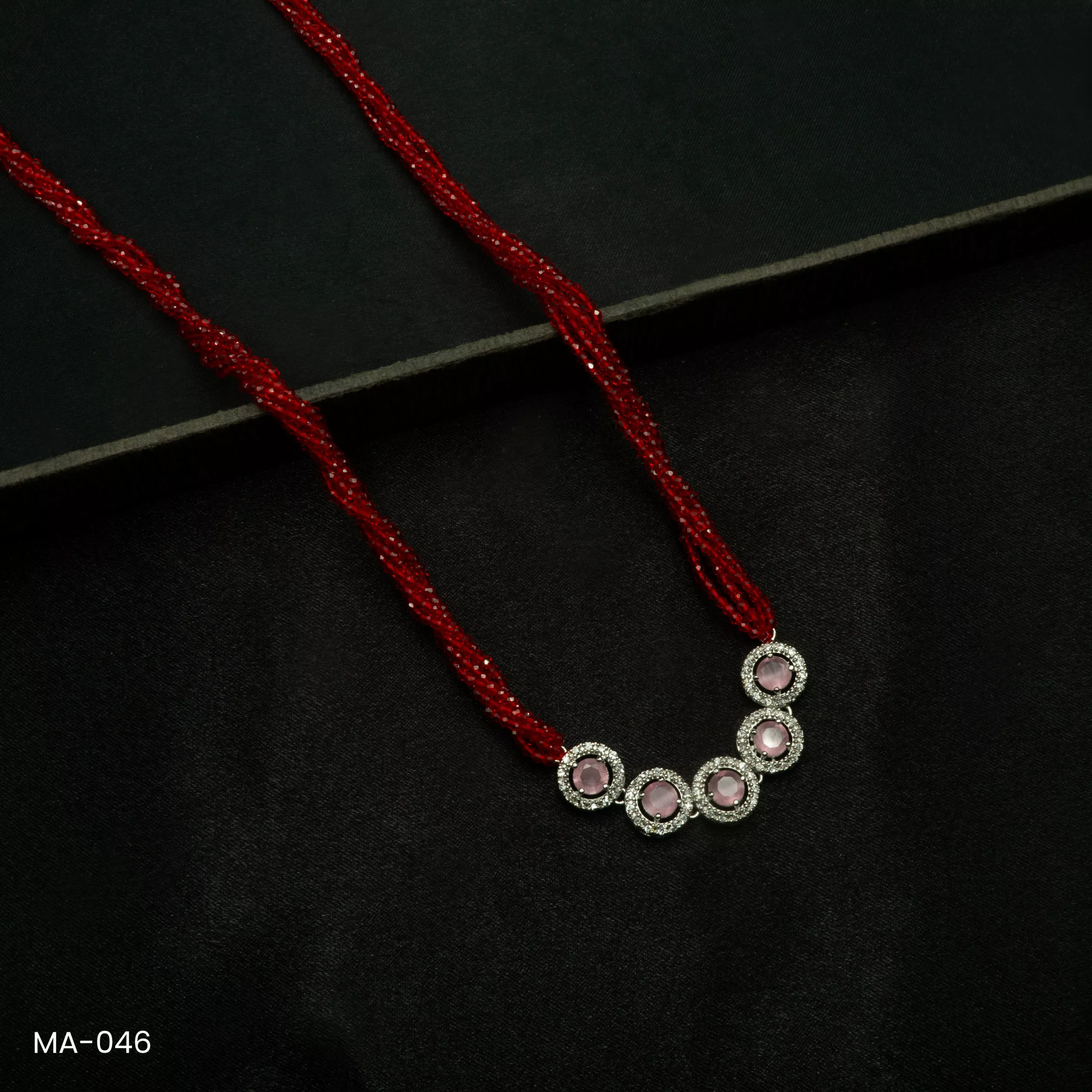 MA-046 - White Gold Plated American Diamond & Pink Stones Long Red Hydropotey Mangalsutra MA-046 - White Gold Plated American Diamond & Pink Stones Long Red Hydropotey Mangalsutra