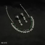 NS-073 - White Gold Plated Lustrous Queenly American Diamond & Emerald Necklace Set