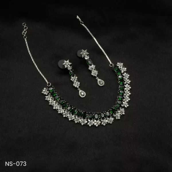 NS-073 - White Gold Plated Lustrous Queenly American Diamond & Emerald Necklace Set