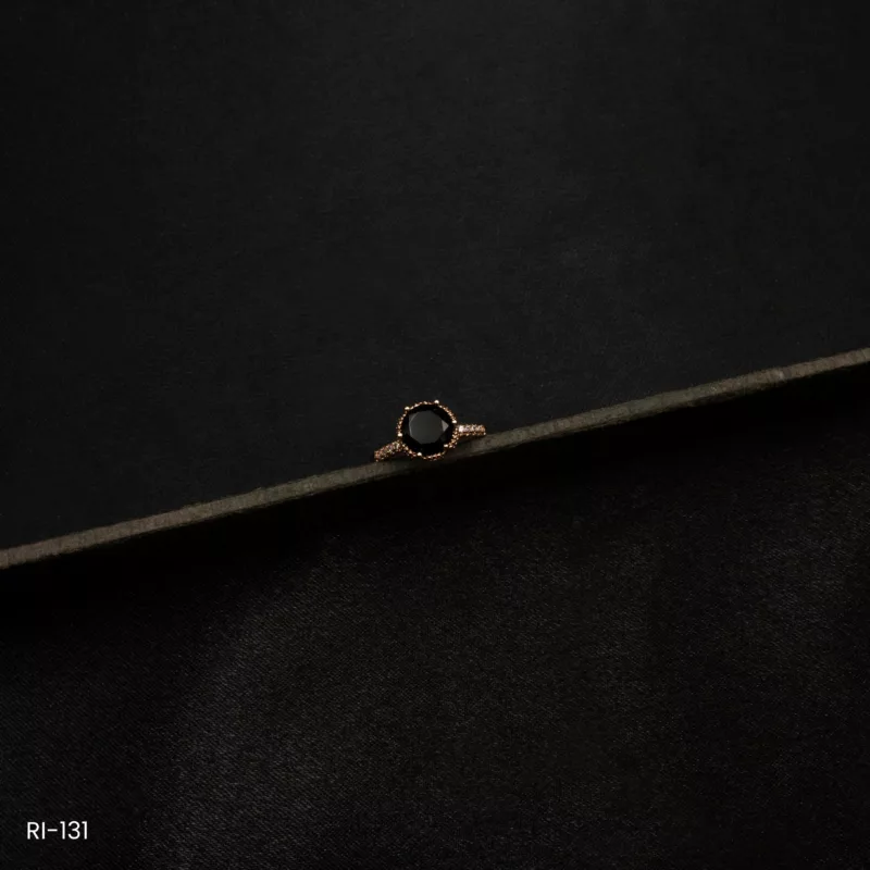 RI-131 - American Diamond & Black Stones Adjustable Finger Ring