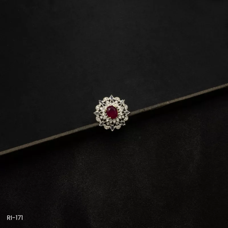 RI-171 - Gold Plated American Diamond & Ruby Adjustable Statement Ring