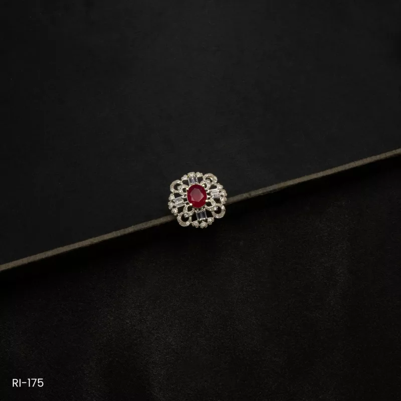 RI-175 - Gold Plated American Diamond & Ruby Adjustable Statement Ring