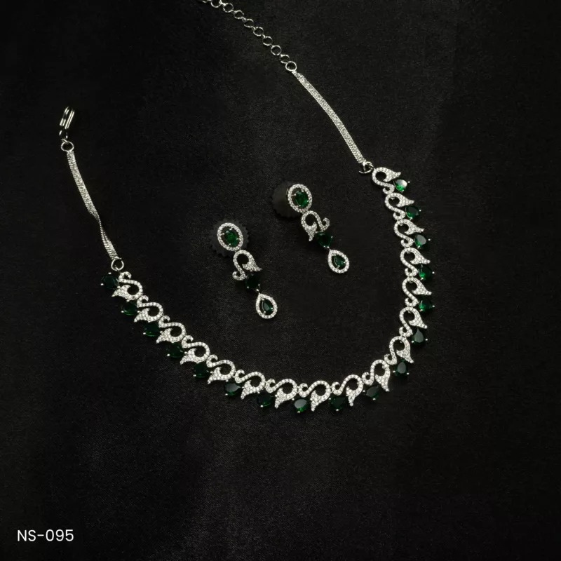 NS-095 - Contemporary Elegance White Gold Plated AD & Emerald Modern Swan Necklace Set