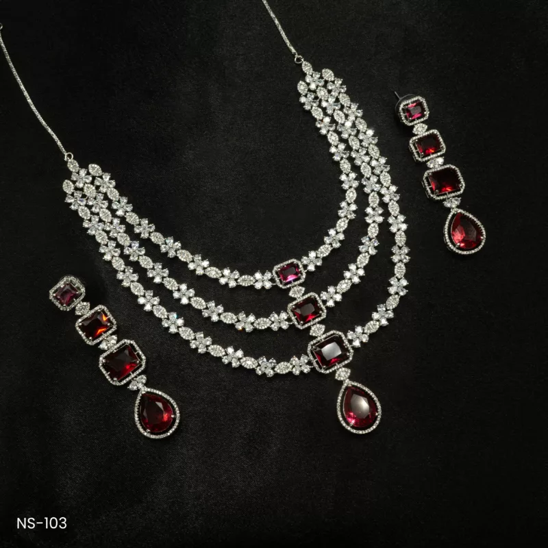 NS-103 - Imperial Grace Triple Layered American Diamond Necklace Set With Dangling Rubies
