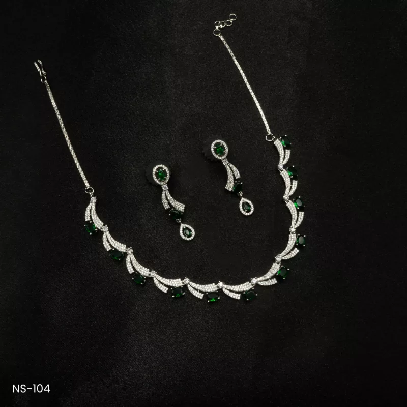 NS-104 - Modern Majesty White Gold Plated American Diamond & Emerald Collar Necklace Set