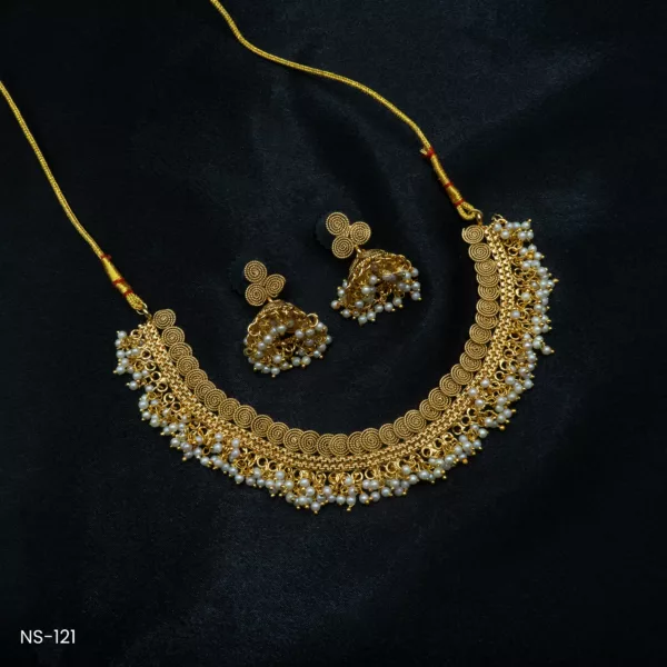 NS-121 - Antique Gold Finish Temple Necklace Set With Artificial Pearls