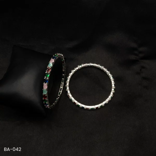 BA-042 - White Gold Plated Multicolor Gems Studded 2 Pcs Set Bangles