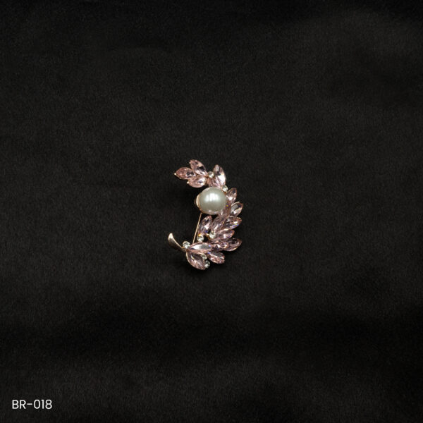 BR-018 - Radiant Pearl and Crystal Leaf Pink Saree Pin Fashion Brooch