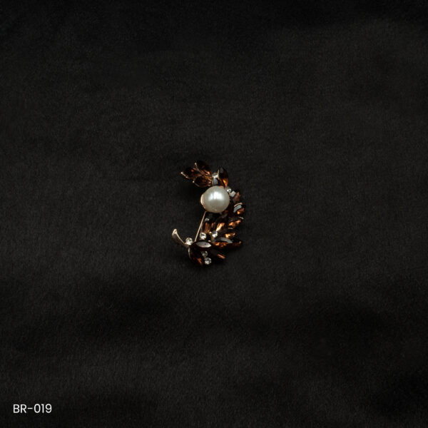 BR-019 - Radiant Pearl and Crystal Leaf Coffee Brown Saree Pin Fashion Brooch