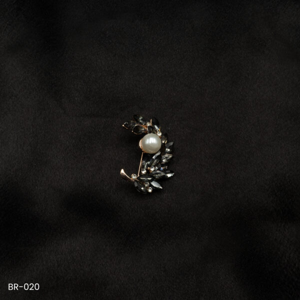 BR-020 - Radiant Pearl and Crystal Leaf Black Saree Pin Fashion Brooch