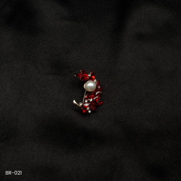 BR-021 - Radiant Pearl and Crystal Leaf Red Saree Pin Fashion Brooch