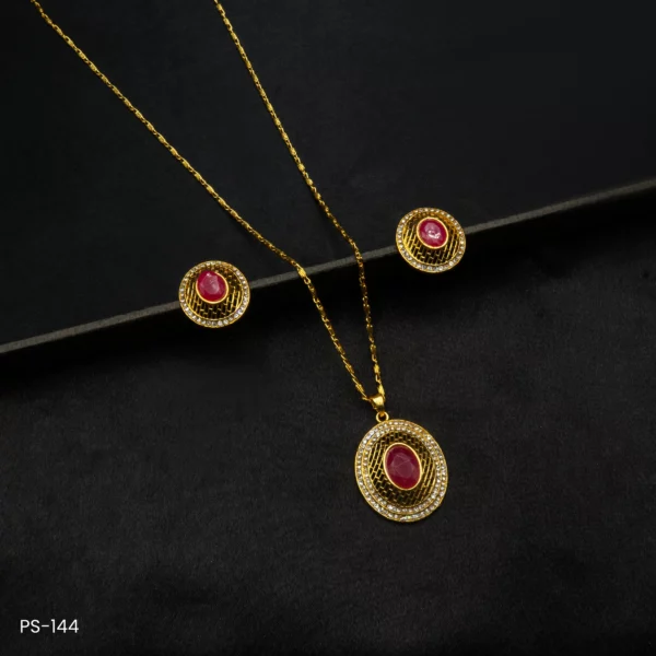 PS-144- Red Glamour Ruby & American Diamond Pendant Set in Gold Plating