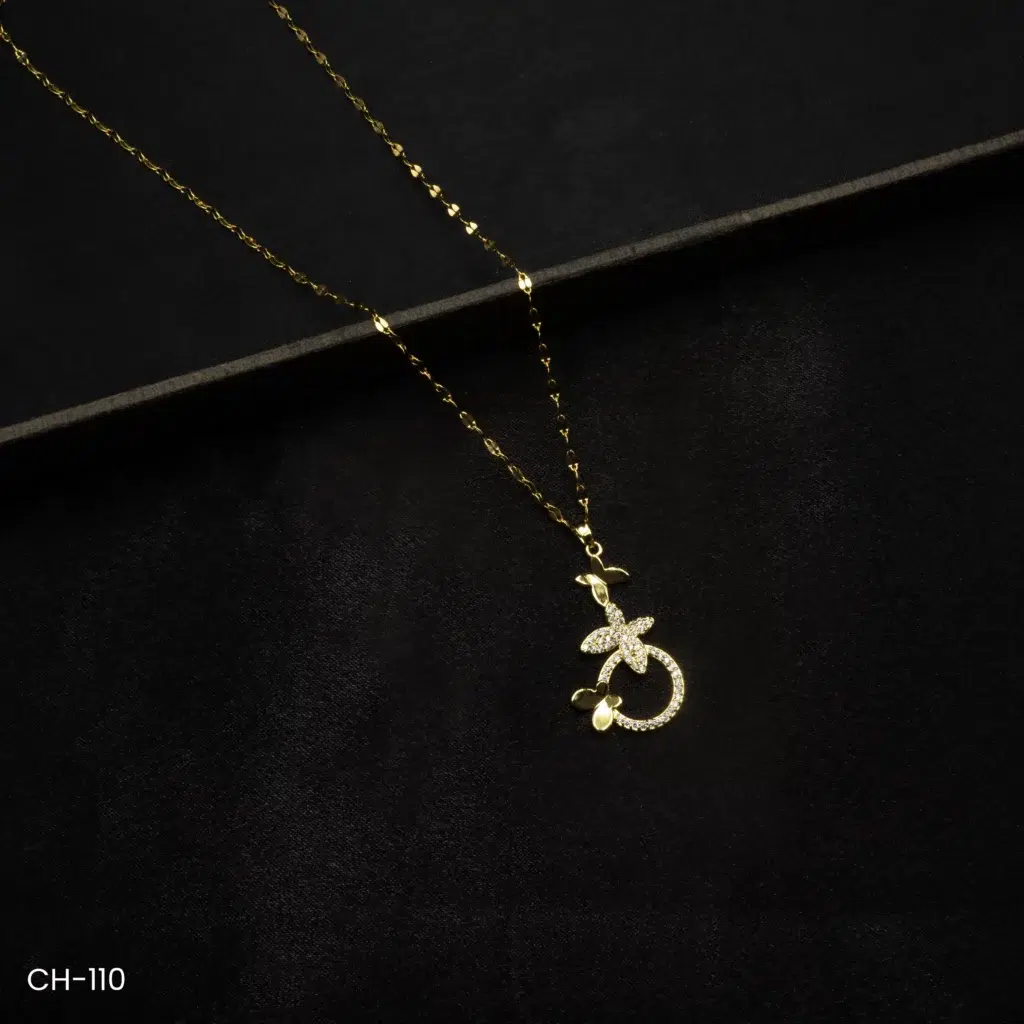 CH-110 - Nature Inspired Leafy Circle Gold Plated American Diamond Chain Necklace