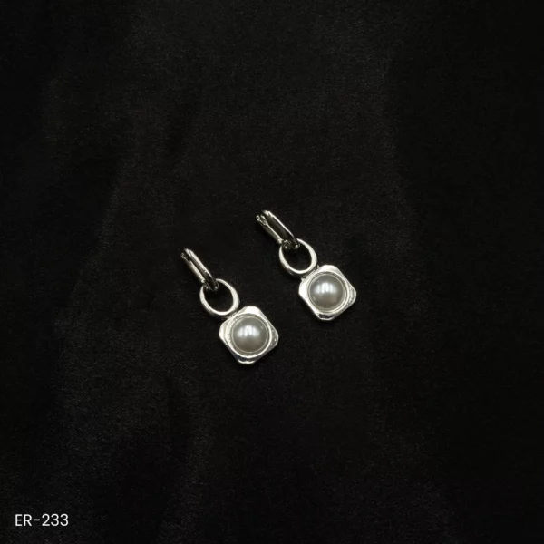 ER-233 - Chic White Gold Plated Pearl Drop Contemporary Hoop Earrings