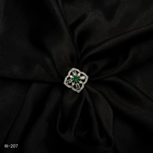 RI-207 - Delicate Emerald Touch Floral Patterned Adjustable American Diamond Finger Ring