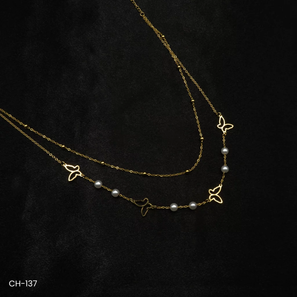 CH-137 – Layered Elegance Stylish Gold Plated Butterfly and Pearl Accents Necklace